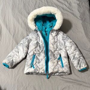 Girls Quilted Winter Jacket with Faux Fur Hood - Teal Lining